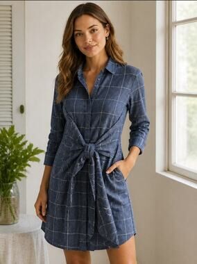 Madison & Park Weekend Shirt Dress Women's Small Tie Front Windowpane Blue White